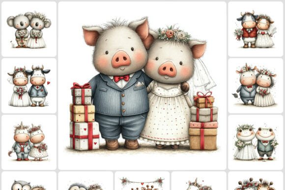 Charming Illustrations: Kawaii Wedding Animal Couples Clipart 40