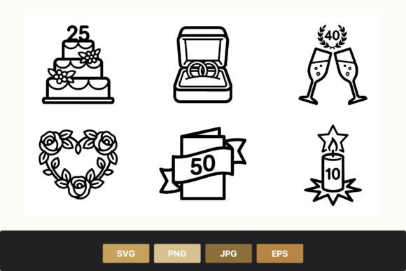 Elegant Wedding Anniversary Line Art Icons Set