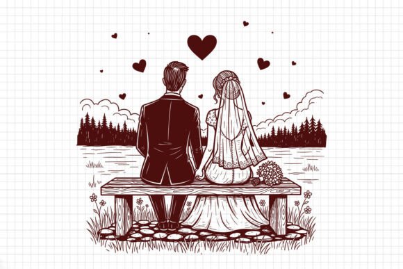 Wedding Couple Sitting Bench SVG PNG: A Romantic Design Asset